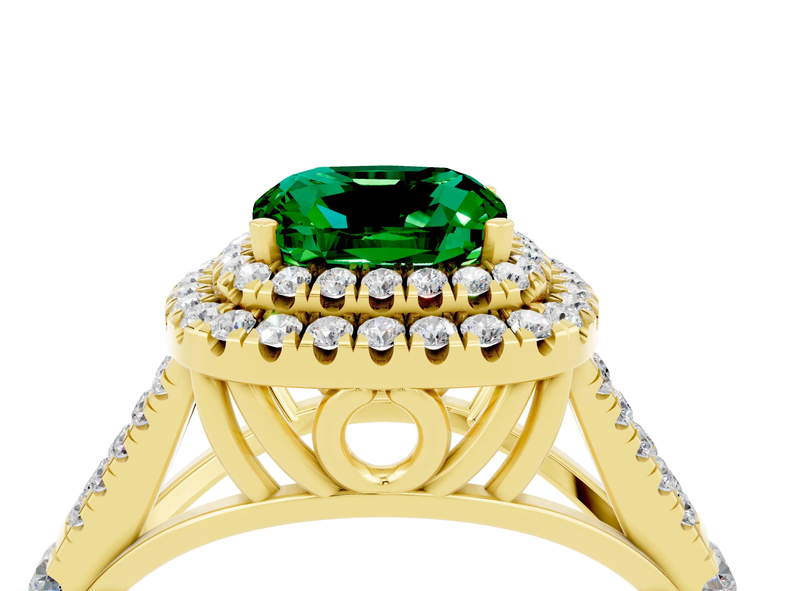 Yellow gold Double Halo Cushion Cut Emerald Pavé Split Shank Ring with Prong Setting_4