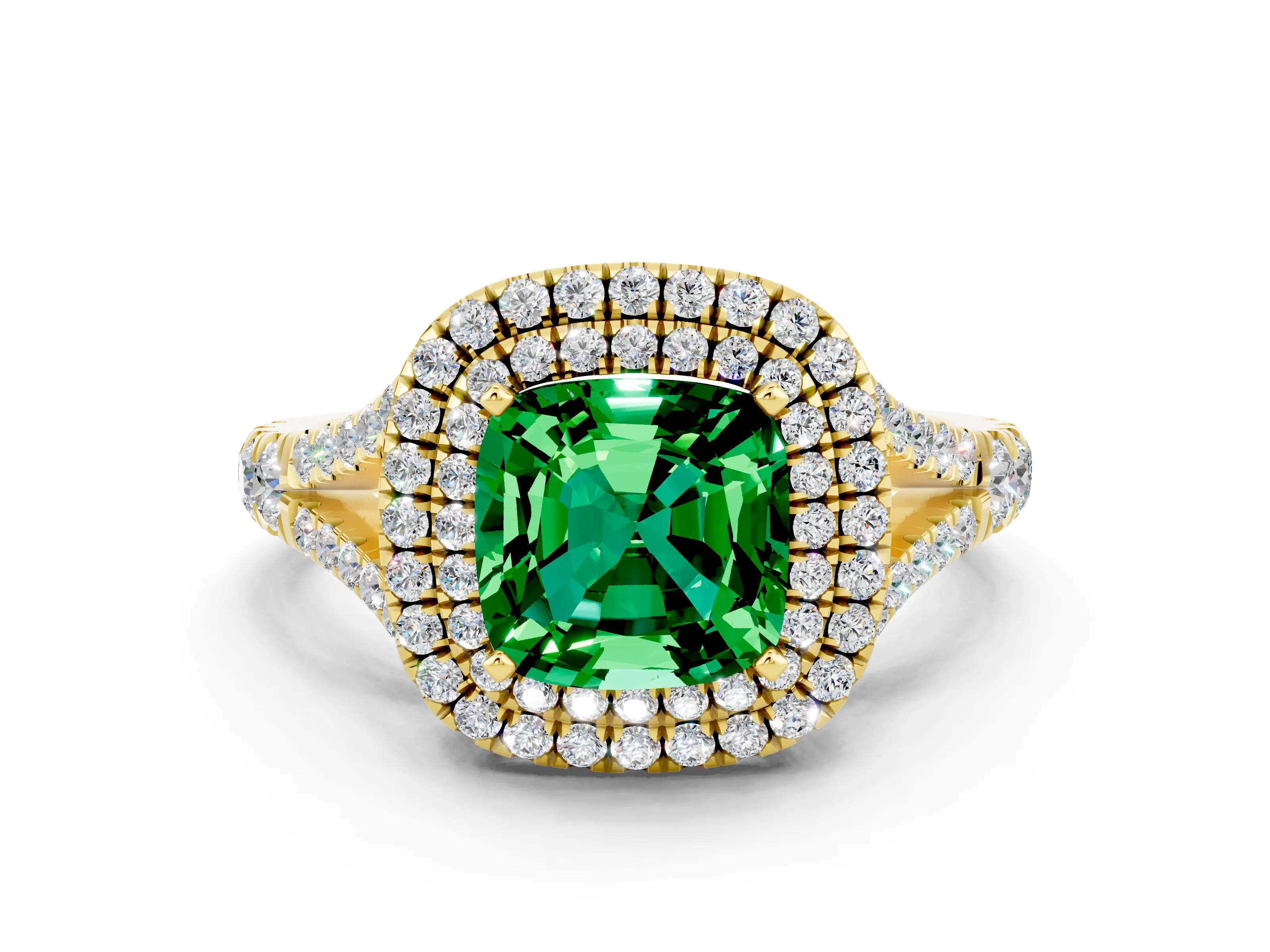 Yellow gold Double Halo Cushion Cut Emerald Split Shank Engagement Ring with Four-Prong Setting