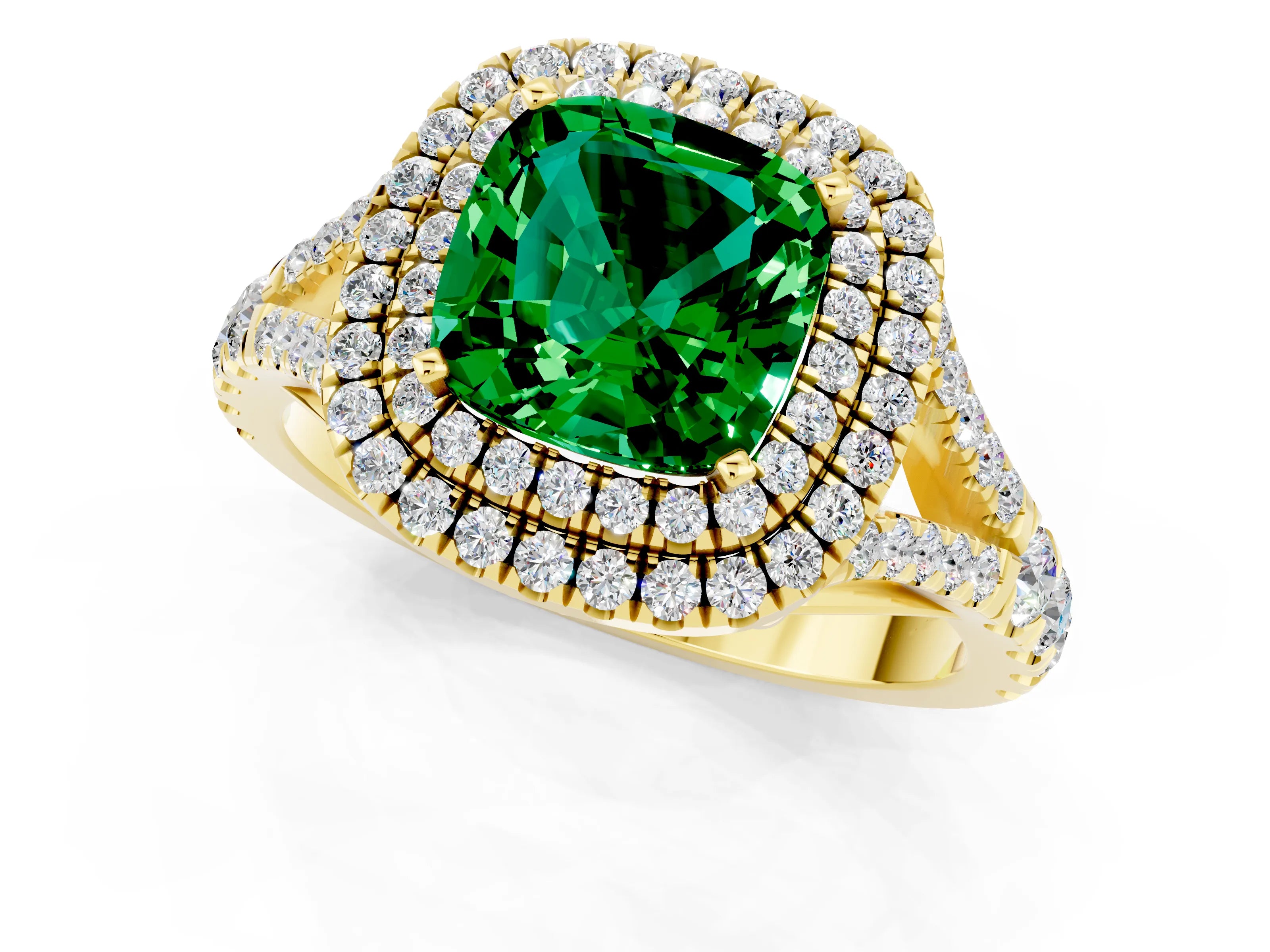 Yellow gold Double Halo Cushion Cut Emerald Split Shank Engagement Ring with Four-Prong Setting_1
