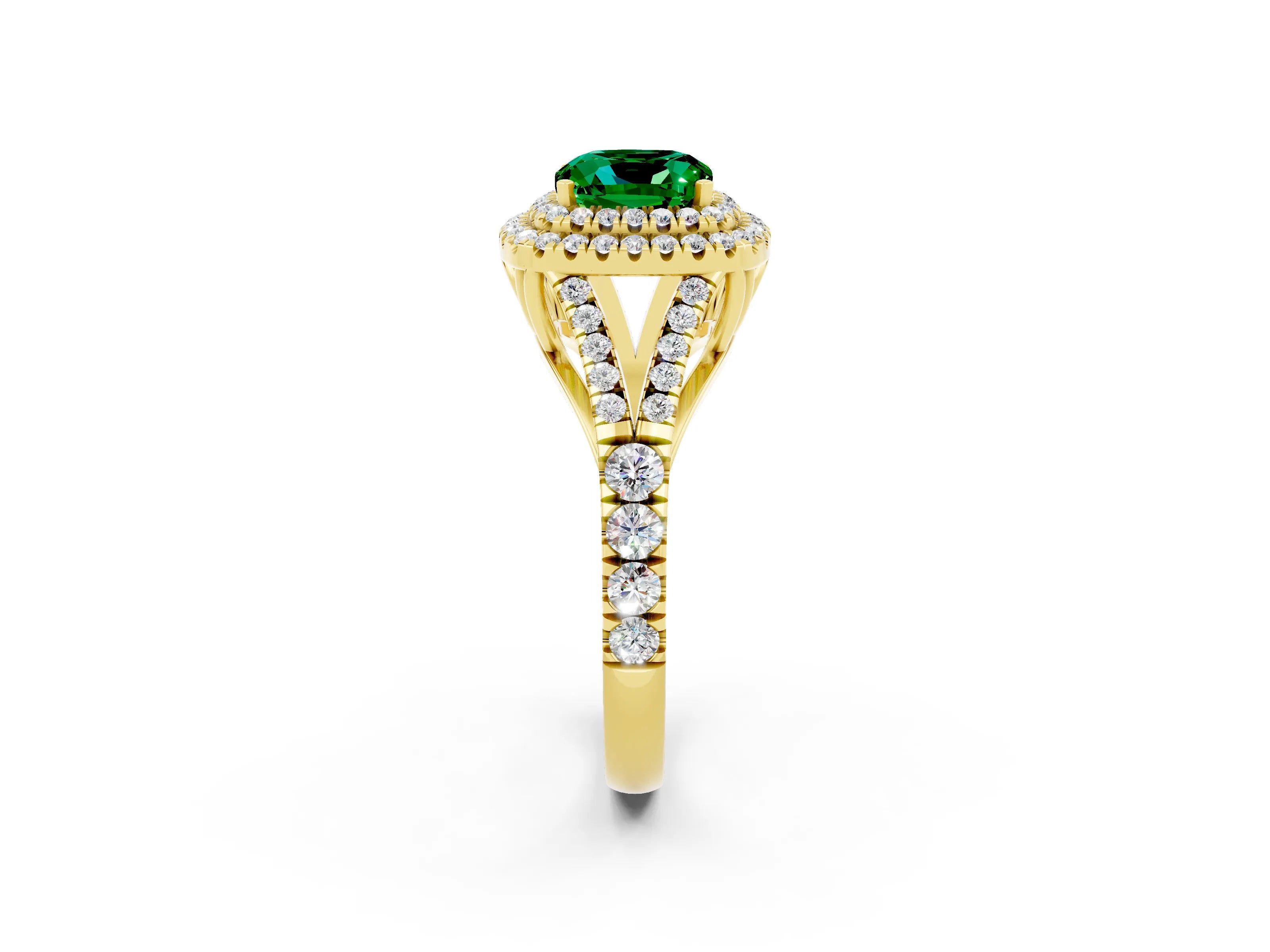 Yellow gold Double Halo Cushion Cut Emerald Split Shank Engagement Ring with Four-Prong Setting_2