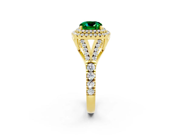 Yellow gold Double Halo Cushion Cut Emerald Split Shank Engagement Ring with Four-Prong Setting