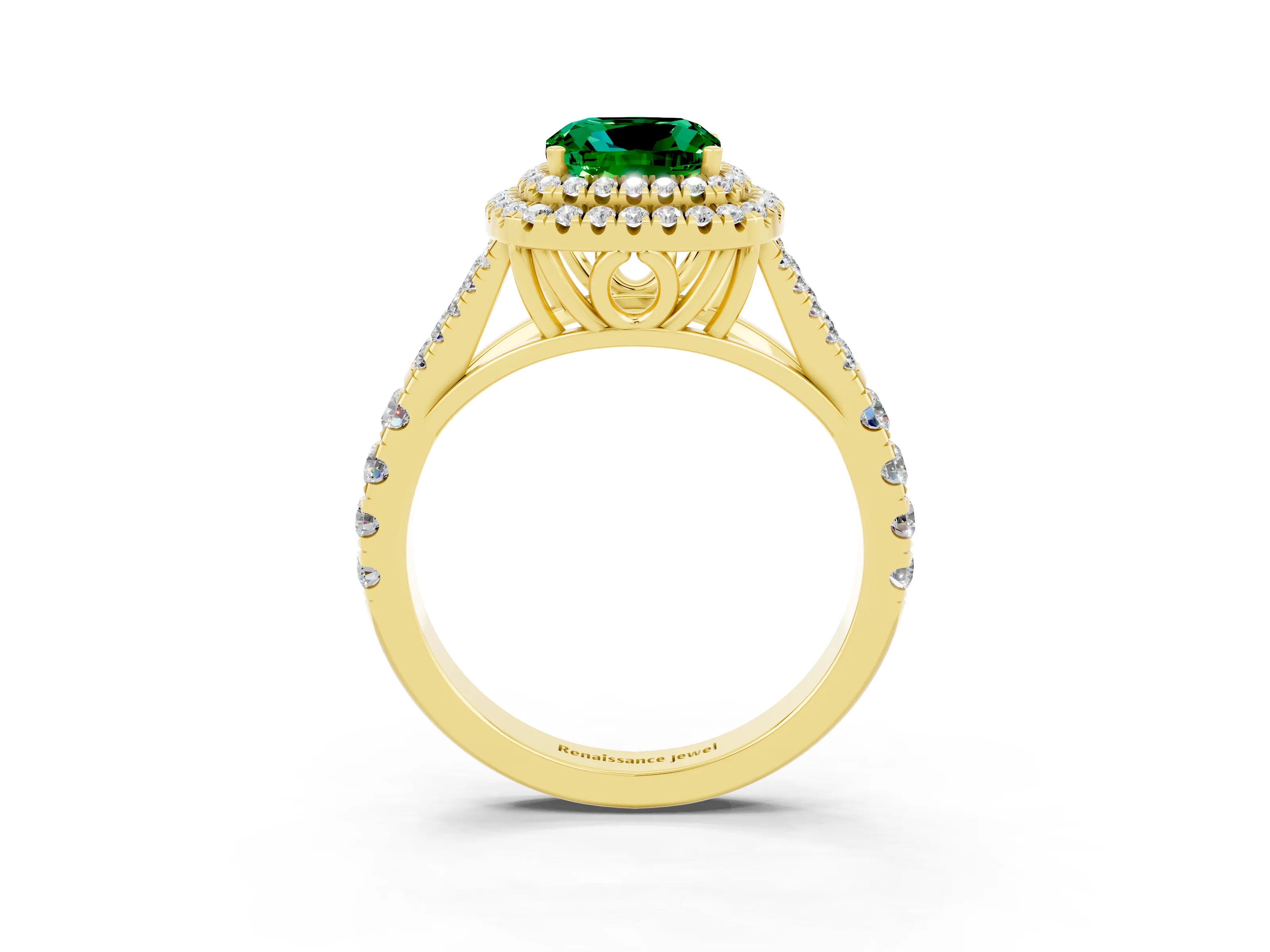 Yellow gold Double Halo Cushion Cut Emerald Split Shank Engagement Ring with Four-Prong Setting_3
