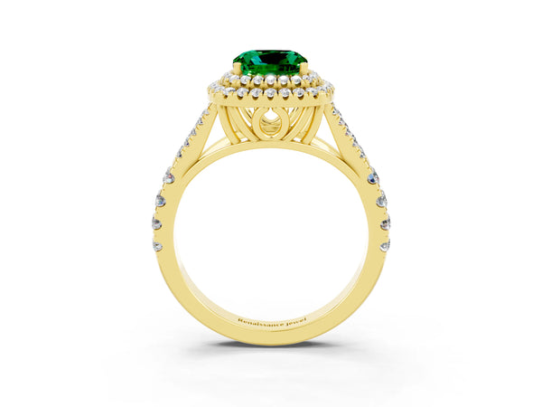 Yellow gold Double Halo Cushion Cut Emerald Split Shank Engagement Ring with Four-Prong Setting