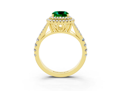 Yellow gold Double Halo Cushion Cut Emerald Split Shank Engagement Ring with Four-Prong Setting_3