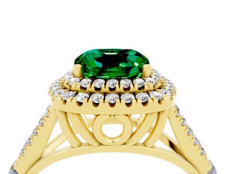 Yellow gold Double Halo Cushion Cut Emerald Split Shank Engagement Ring with Four-Prong Setting_4
