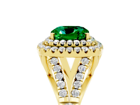 Yellow gold Double Halo Cushion Cut Emerald Split Shank Engagement Ring with Four-Prong Setting_5