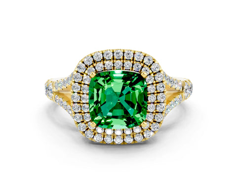 Yellow gold Double Halo Cushion Cut Emerald Split Shank Engagement Ring with Four-Prong Setting