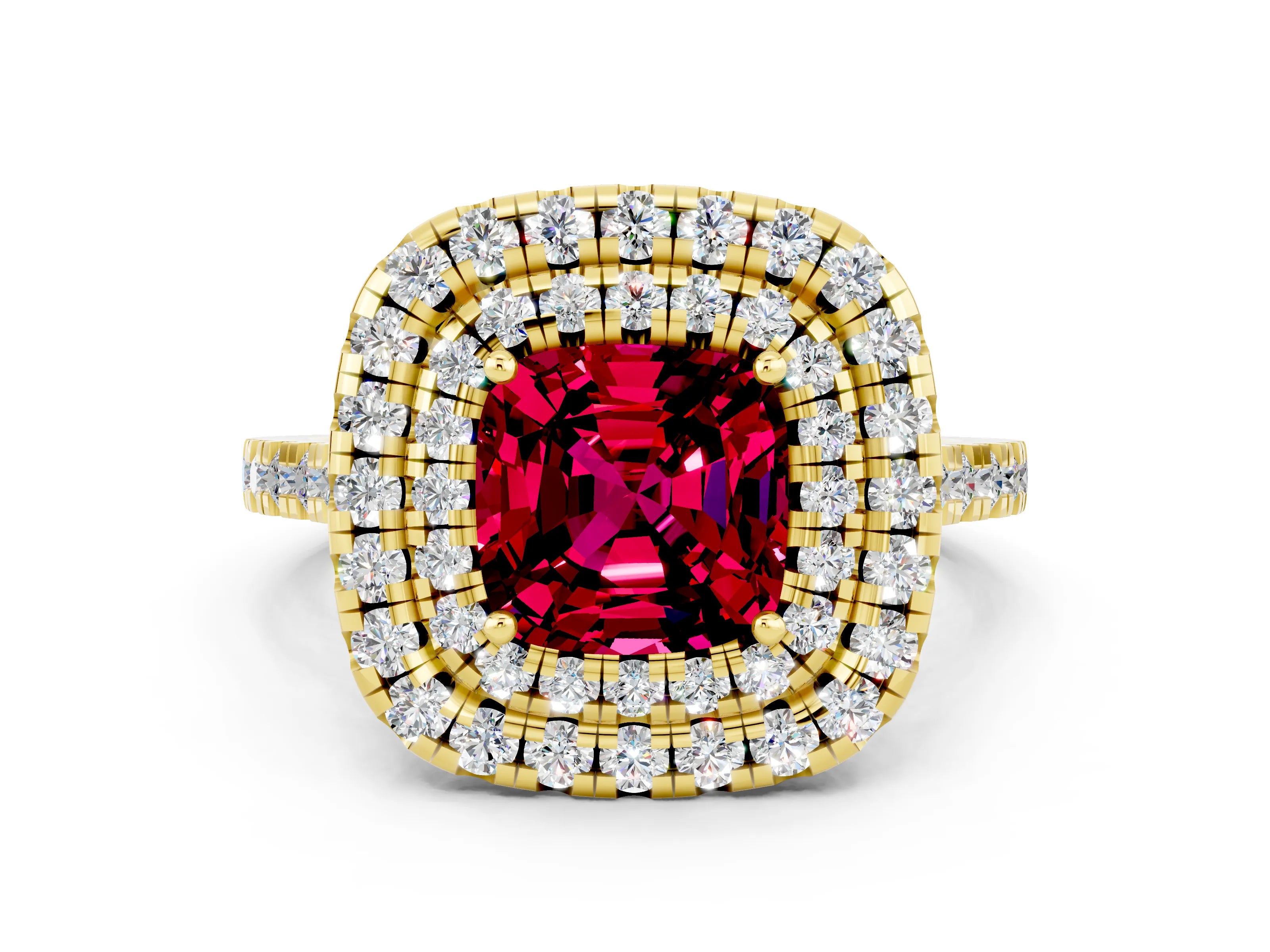 Yellow gold Double Halo Cushion Cut Garnet Pavé Band with Four-Prong Setting