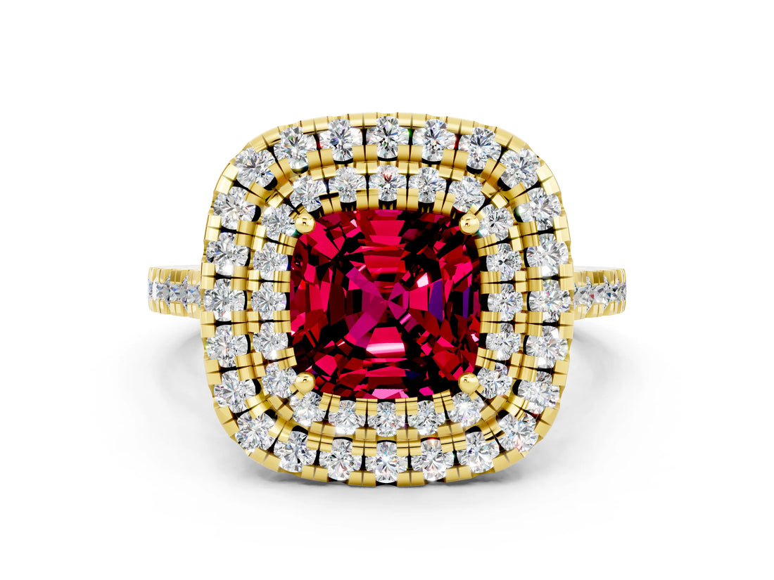 Yellow gold Double Halo Cushion Cut Garnet Pavé Band with Four-Prong Setting