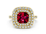 Yellow gold Double Halo Cushion Cut Garnet Pavé Band with Four-Prong Setting