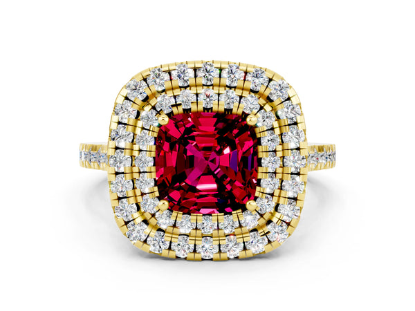 Yellow gold Double Halo Cushion Cut Garnet Pavé Band with Four-Prong Setting
