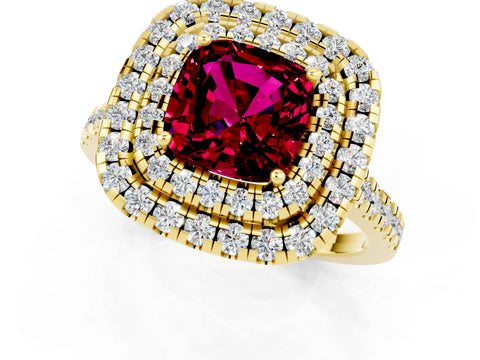 Yellow gold Double Halo Cushion Cut Garnet Pavé Band with Four-Prong Setting_1