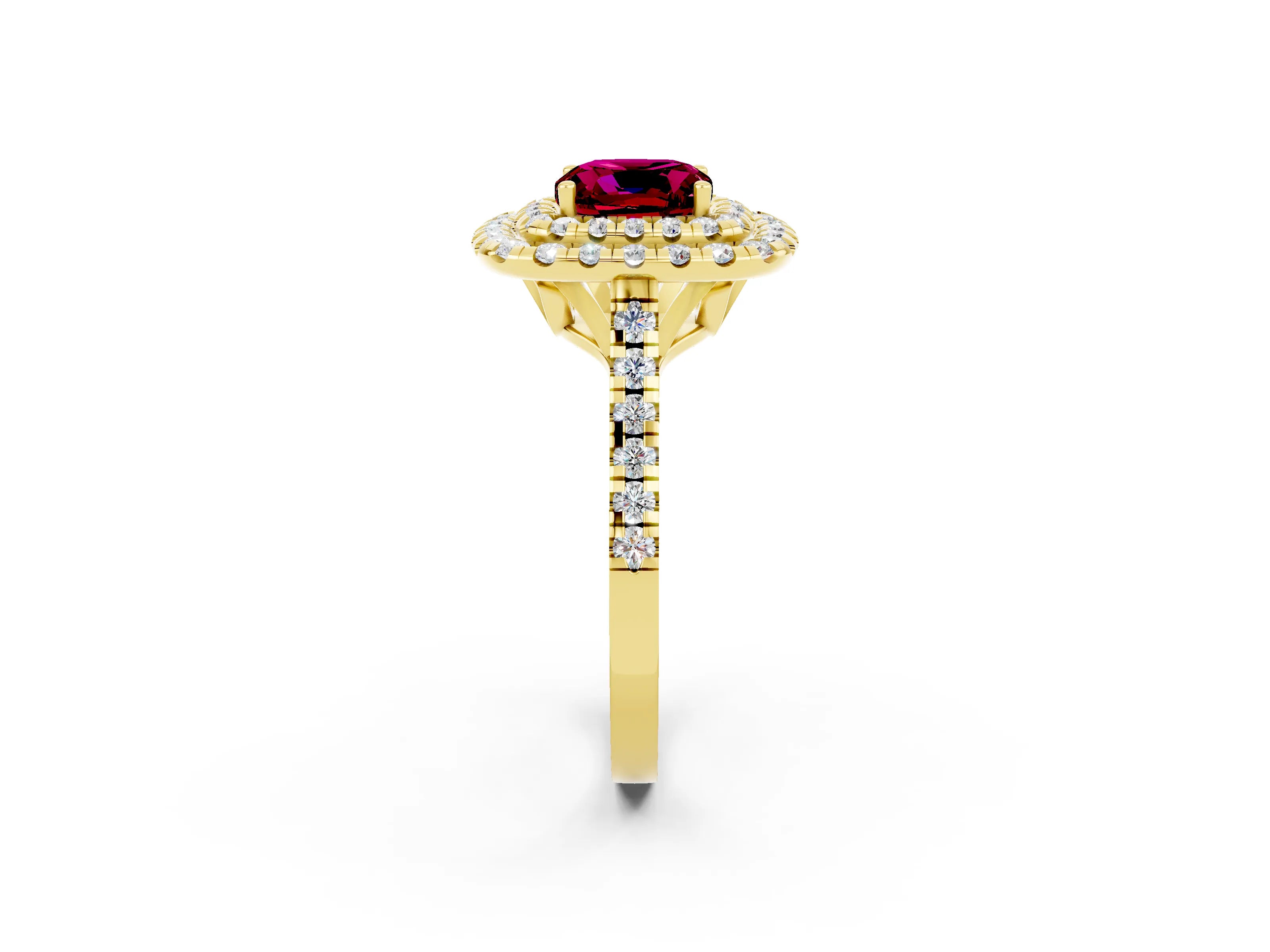 Yellow gold Double Halo Cushion Cut Garnet Pavé Band with Four-Prong Setting_2