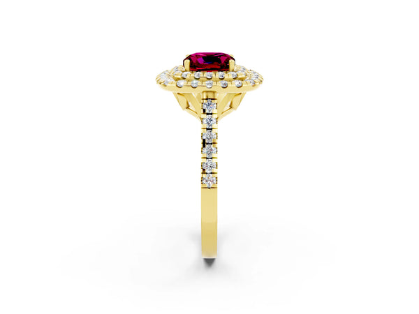 Yellow gold Double Halo Cushion Cut Garnet Pavé Band with Four-Prong Setting