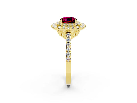 Yellow gold Double Halo Cushion Cut Garnet Pavé Band with Four-Prong Setting_2