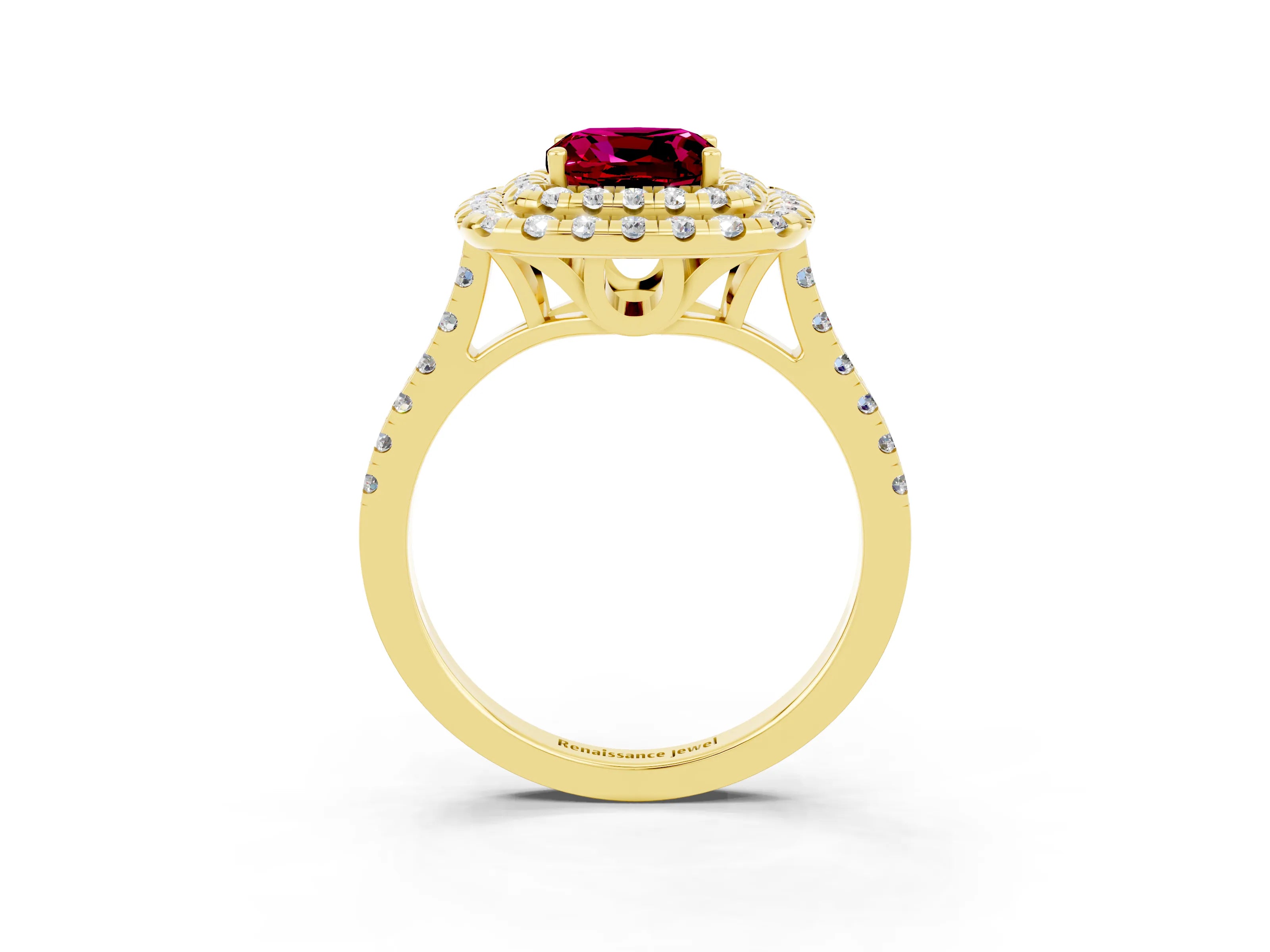 Yellow gold Double Halo Cushion Cut Garnet Pavé Band with Four-Prong Setting_3