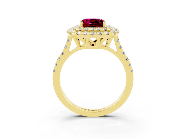 Yellow gold Double Halo Cushion Cut Garnet Pavé Band with Four-Prong Setting