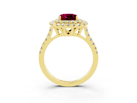 Yellow gold Double Halo Cushion Cut Garnet Pavé Band with Four-Prong Setting_3