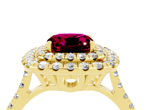 Yellow gold Double Halo Cushion Cut Garnet Pavé Band with Four-Prong Setting_4