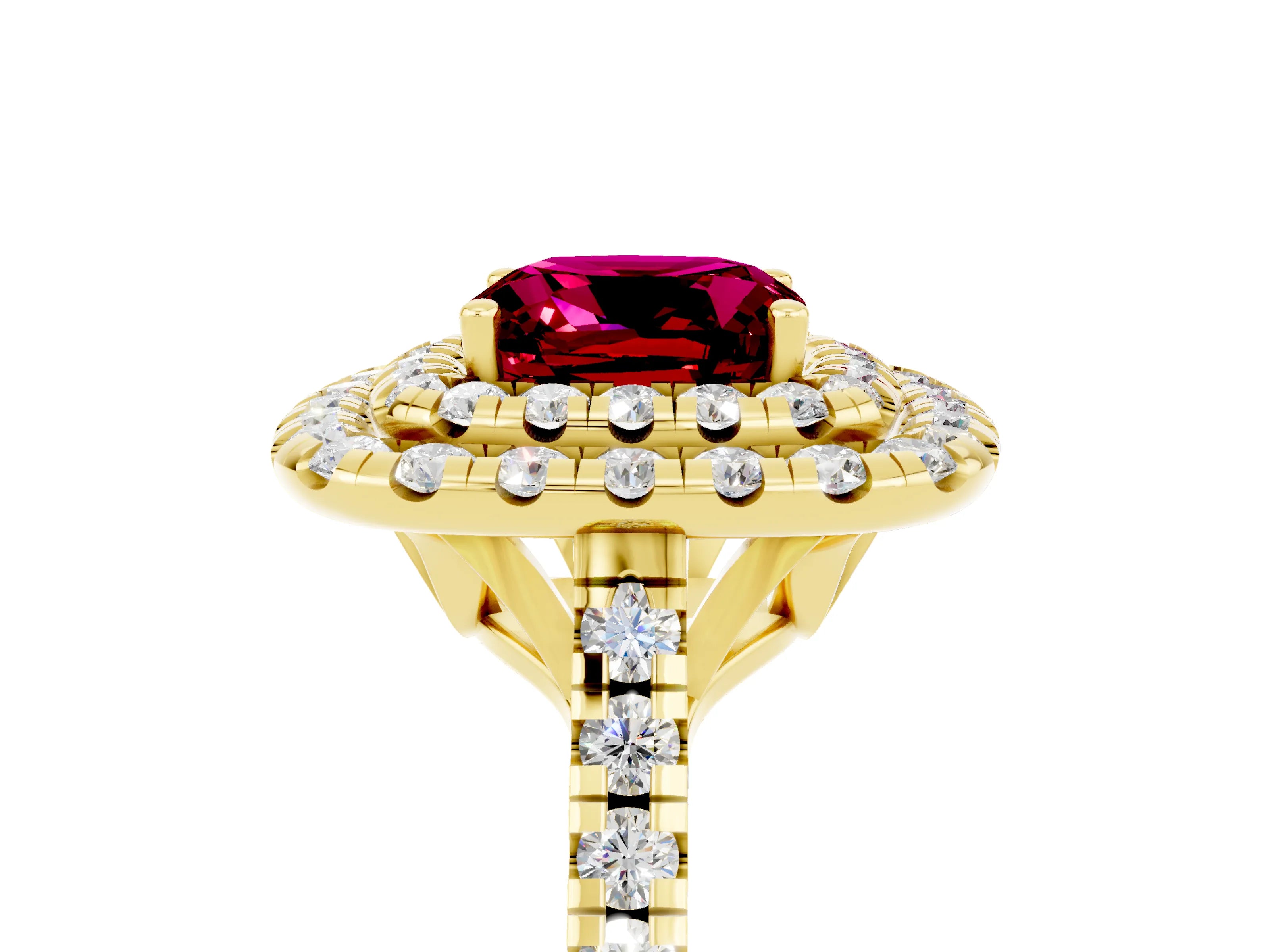 Yellow gold Double Halo Cushion Cut Garnet Pavé Band with Four-Prong Setting_5