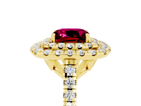 Yellow gold Double Halo Cushion Cut Garnet Pavé Band with Four-Prong Setting_5