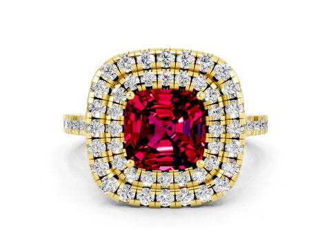 Yellow gold Double Halo Cushion Cut Garnet Pavé Band with Four-Prong Setting