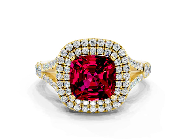 Yellow gold Double Halo Cushion Cut Garnet Pavé Split Shank Ring with Prong Setting