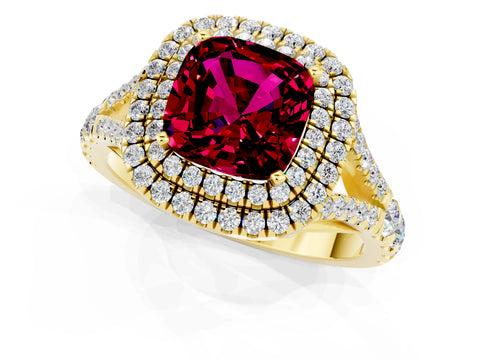 Yellow gold Double Halo Cushion Cut Garnet Pavé Split Shank Ring with Prong Setting_1