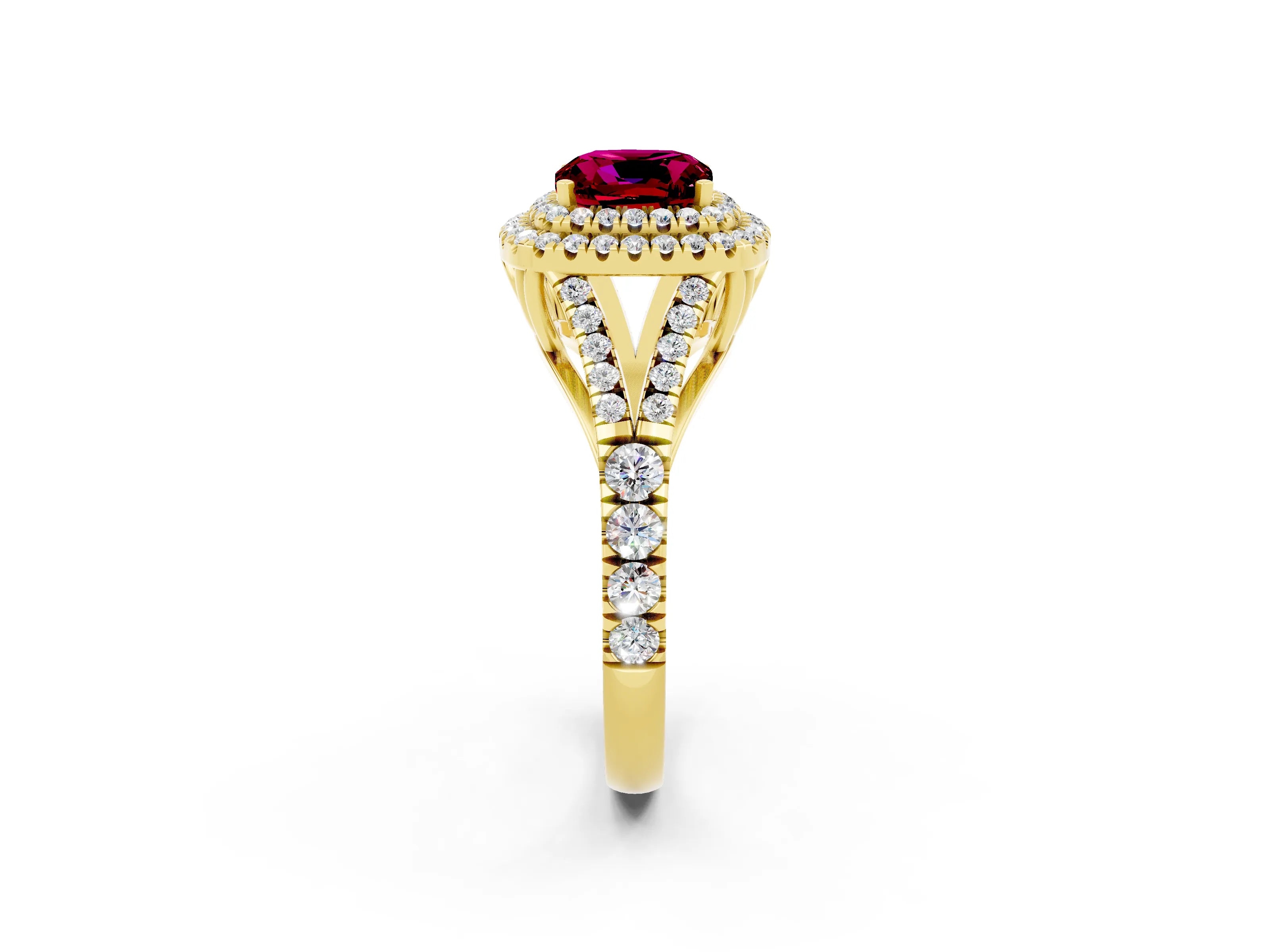 Yellow gold Double Halo Cushion Cut Garnet Pavé Split Shank Ring with Prong Setting_2