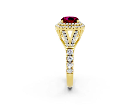 Yellow gold Double Halo Cushion Cut Garnet Pavé Split Shank Ring with Prong Setting_2