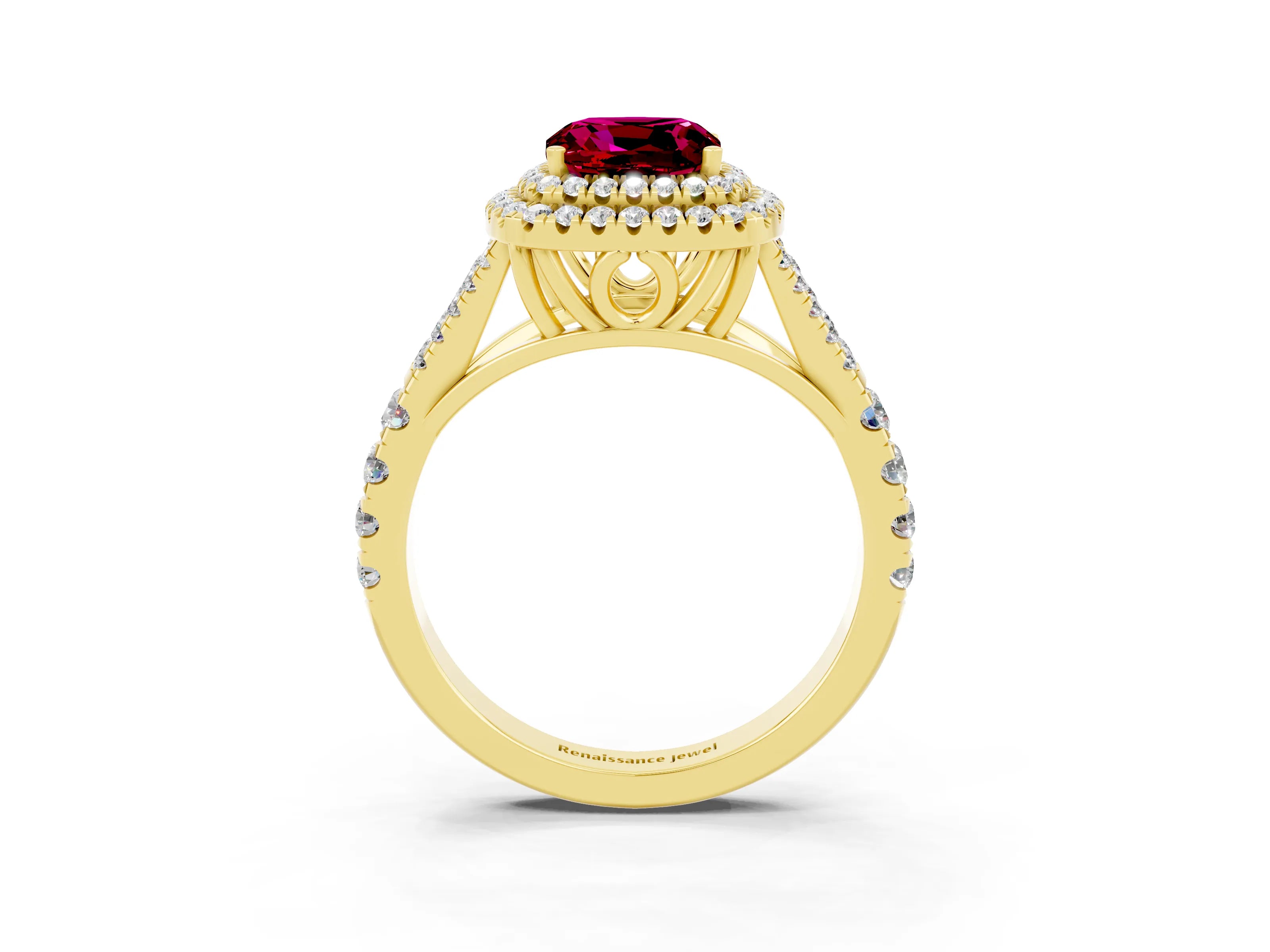 Yellow gold Double Halo Cushion Cut Garnet Pavé Split Shank Ring with Prong Setting_3