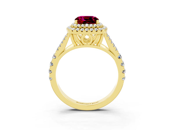 Yellow gold Double Halo Cushion Cut Garnet Pavé Split Shank Ring with Prong Setting