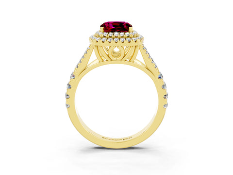 Yellow gold Double Halo Cushion Cut Garnet Pavé Split Shank Ring with Prong Setting_3