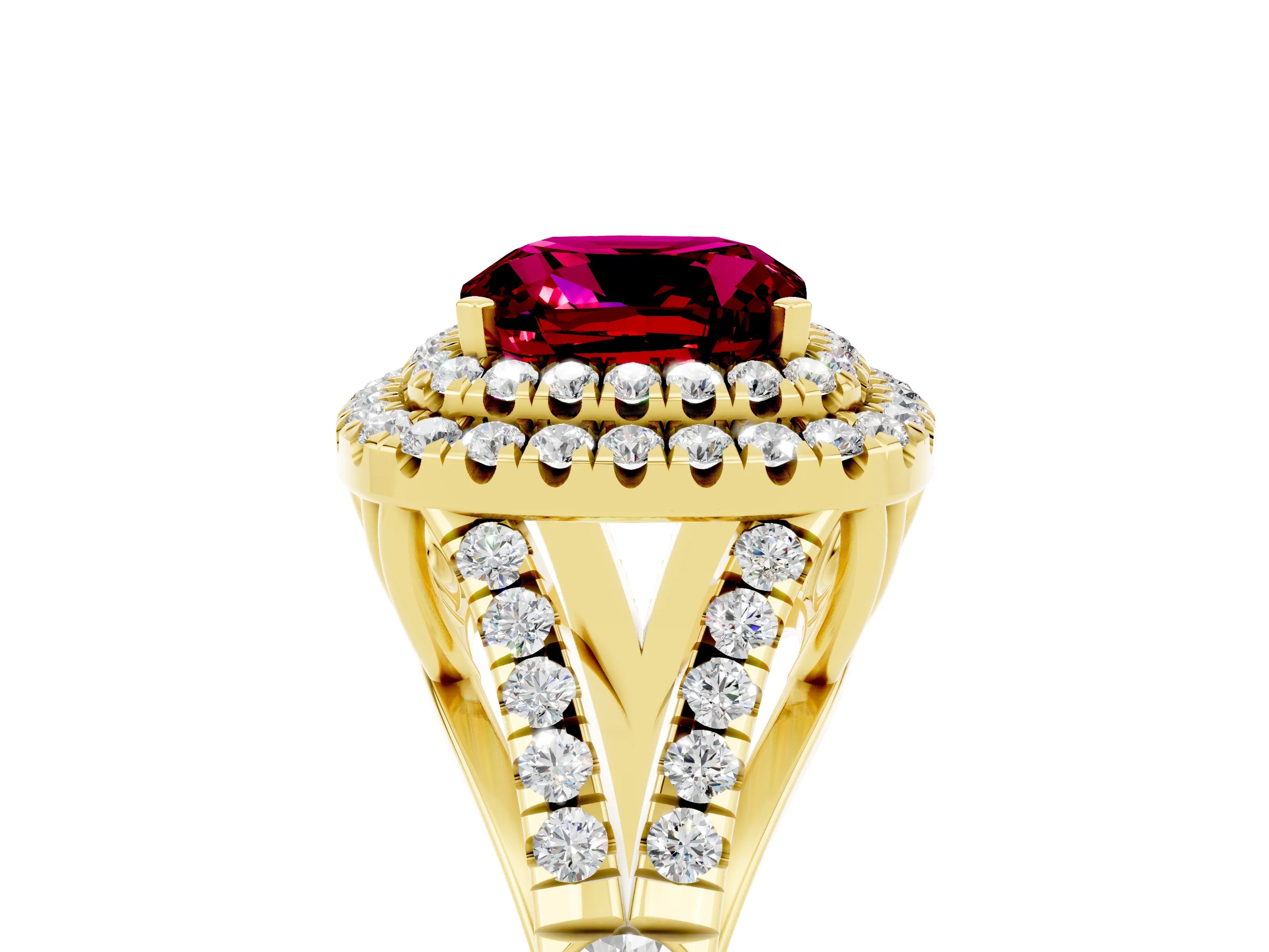 Yellow gold Double Halo Cushion Cut Garnet Pavé Split Shank Ring with Prong Setting_5