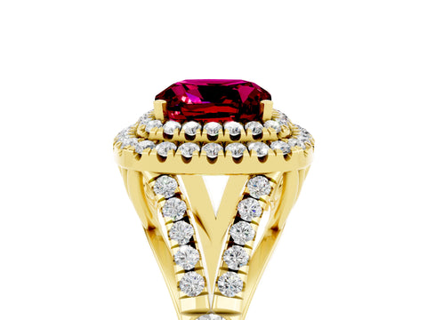 Yellow gold Double Halo Cushion Cut Garnet Pavé Split Shank Ring with Prong Setting_5