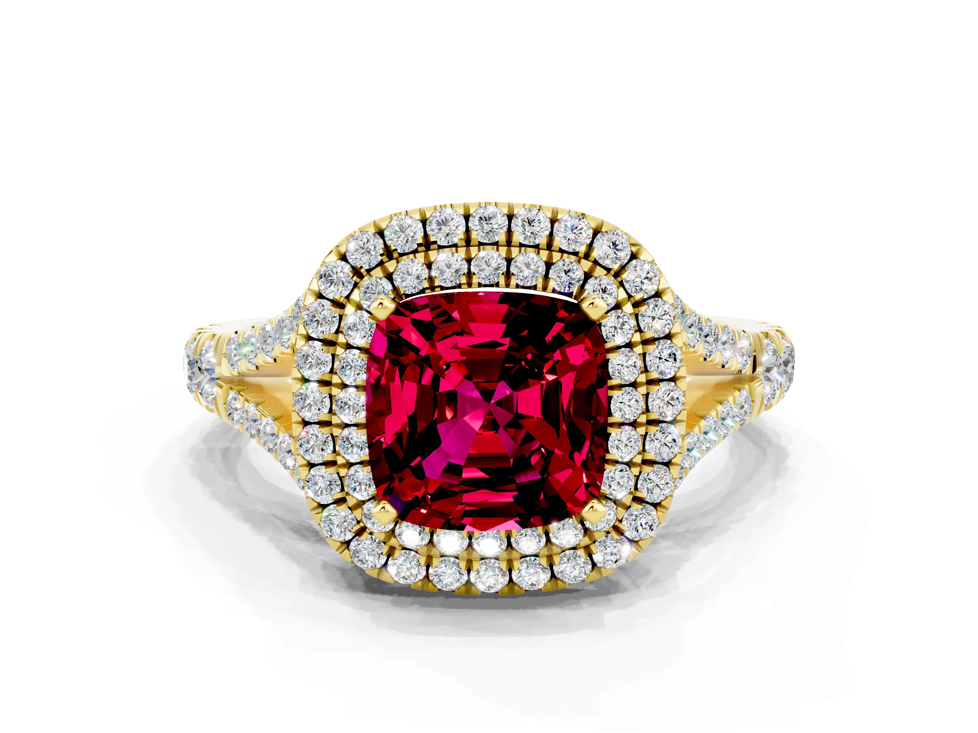 Yellow gold Double Halo Cushion Cut Garnet Split Shank Engagement Ring with Four-Prong Setting