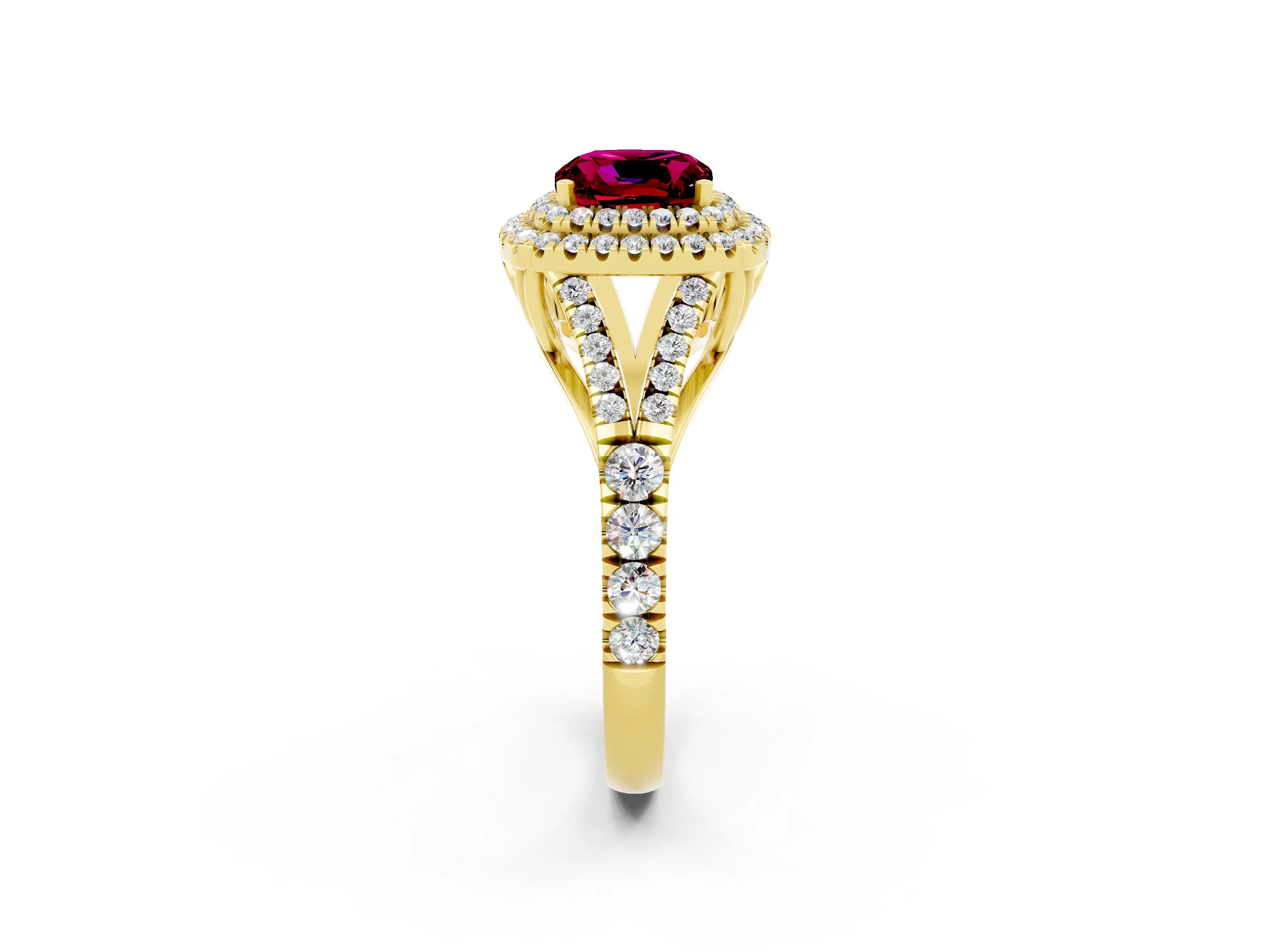 Yellow gold Double Halo Cushion Cut Garnet Split Shank Engagement Ring with Four-Prong Setting_2