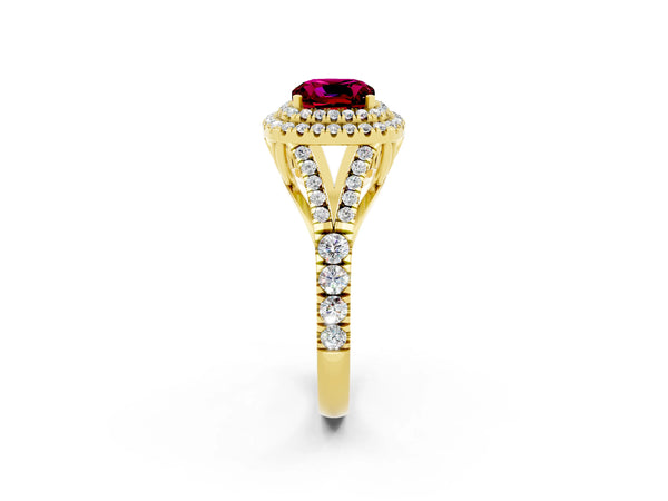 Yellow gold Double Halo Cushion Cut Garnet Split Shank Engagement Ring with Four-Prong Setting