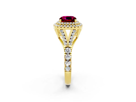 Yellow gold Double Halo Cushion Cut Garnet Split Shank Engagement Ring with Four-Prong Setting_2