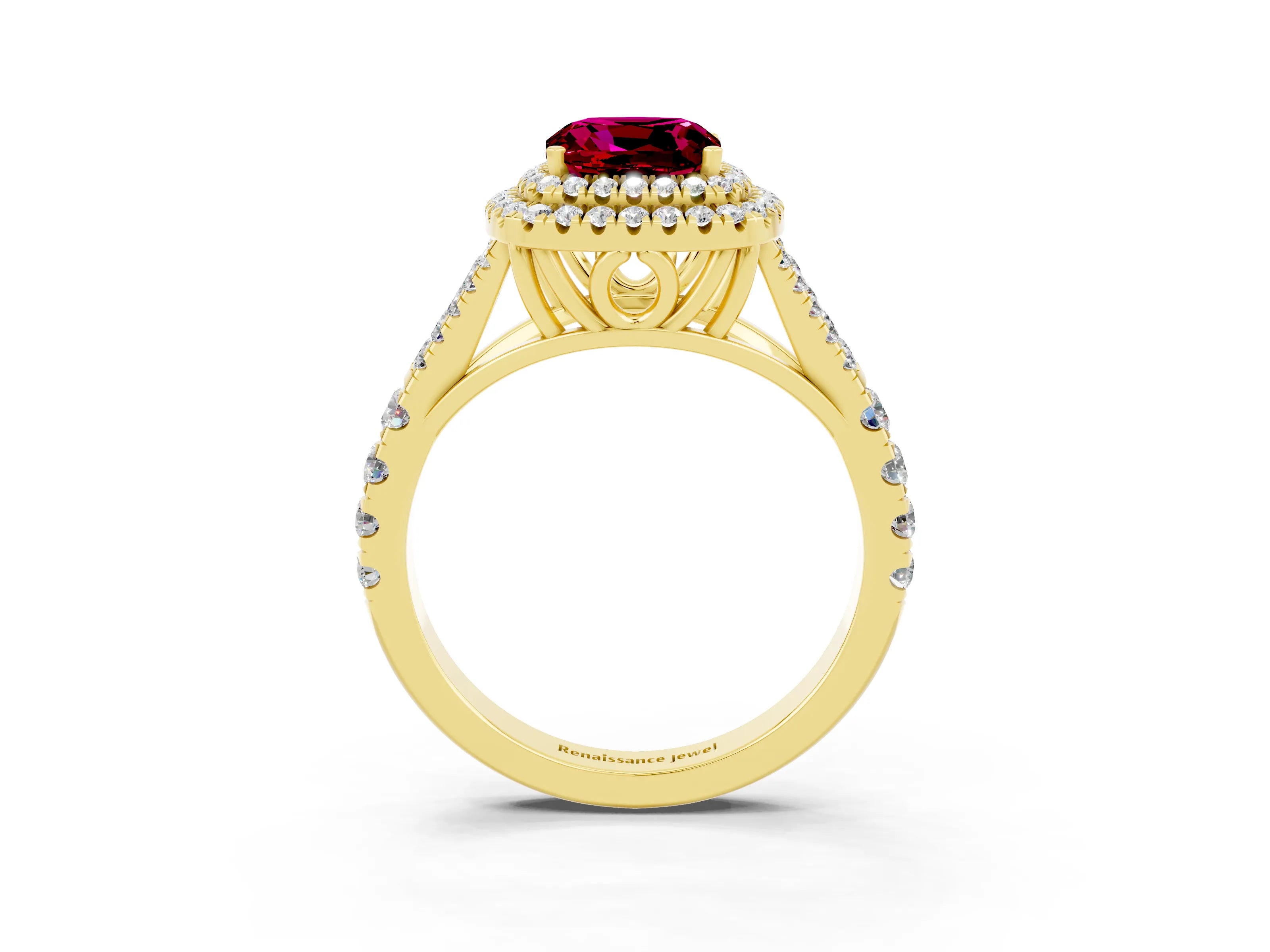 Yellow gold Double Halo Cushion Cut Garnet Split Shank Engagement Ring with Four-Prong Setting_3