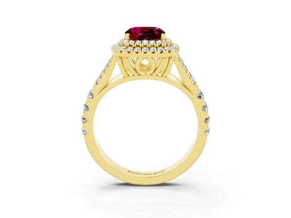 Yellow gold Double Halo Cushion Cut Garnet Split Shank Engagement Ring with Four-Prong Setting