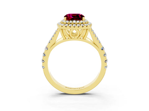Yellow gold Double Halo Cushion Cut Garnet Split Shank Engagement Ring with Four-Prong Setting_3