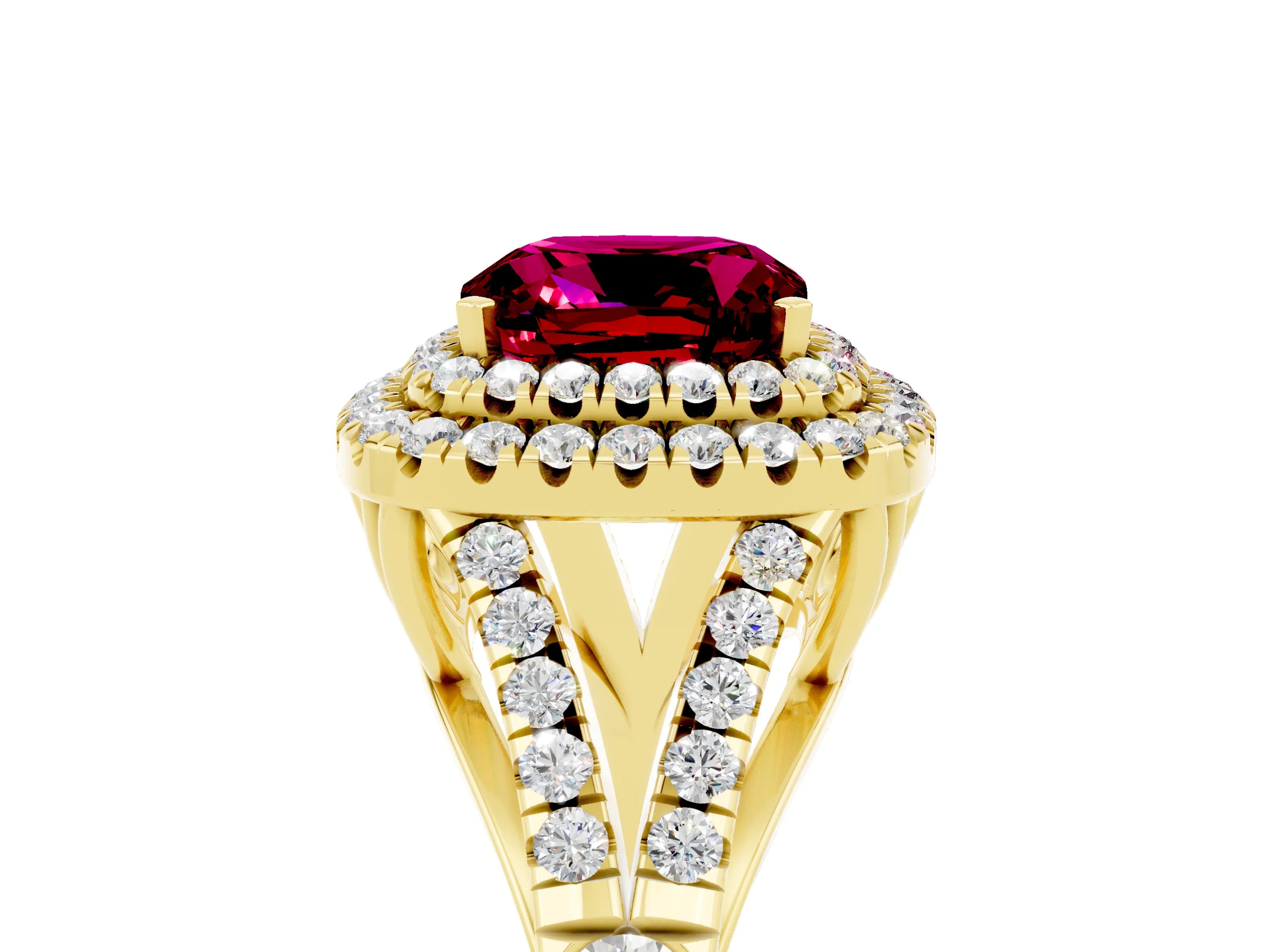 Yellow gold Double Halo Cushion Cut Garnet Split Shank Engagement Ring with Four-Prong Setting_5