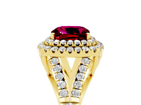 Yellow gold Double Halo Cushion Cut Garnet Split Shank Engagement Ring with Four-Prong Setting_5