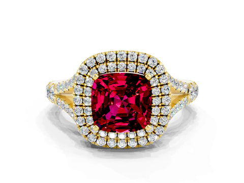 Yellow gold Double Halo Cushion Cut Garnet Split Shank Engagement Ring with Four-Prong Setting