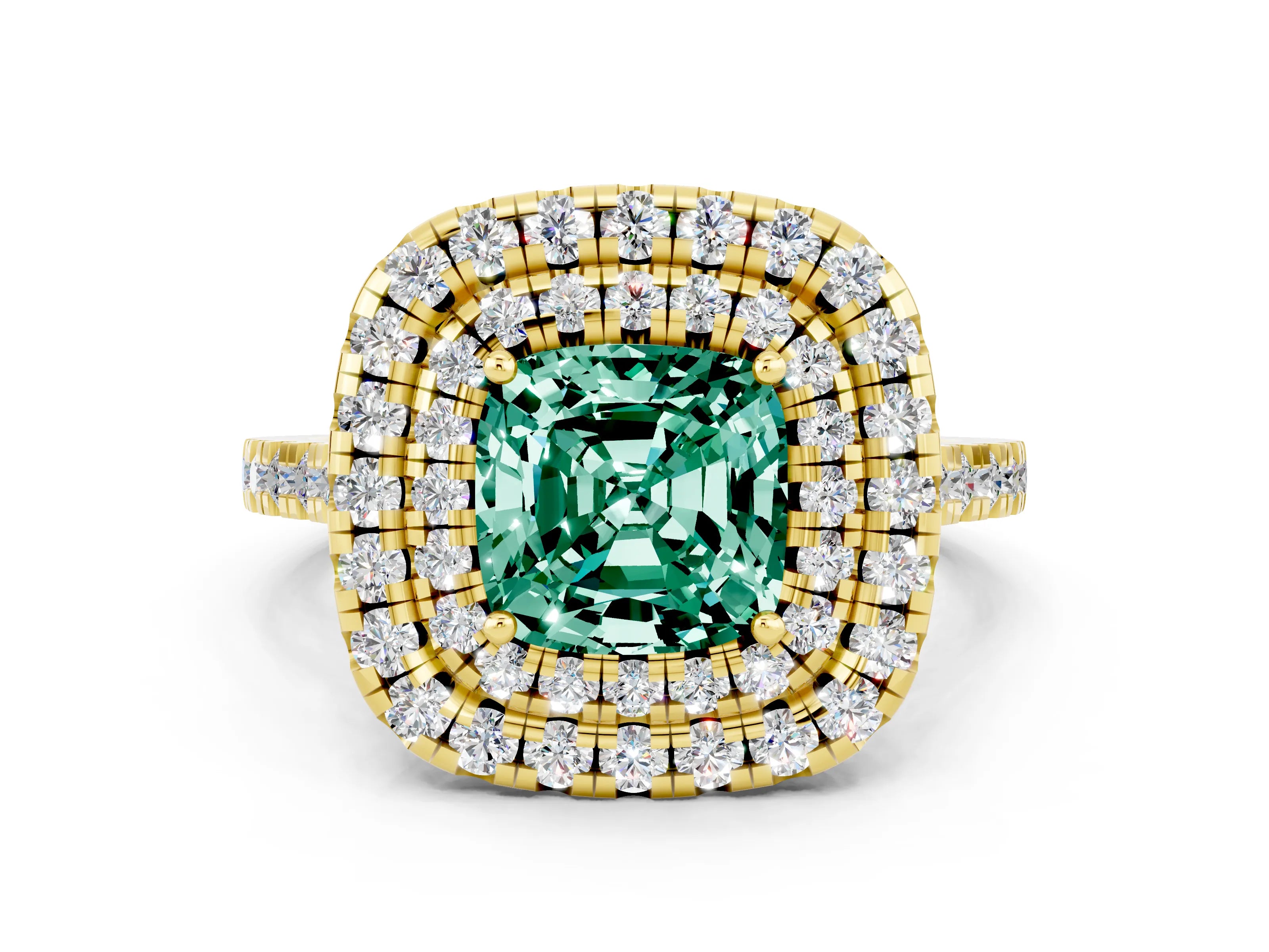 Yellow gold Double Halo Cushion Cut Green Sapphire Pavé Band with Four-Prong Setting