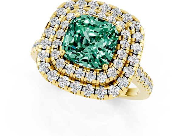 Yellow gold Double Halo Cushion Cut Green Sapphire Pavé Band with Four-Prong Setting