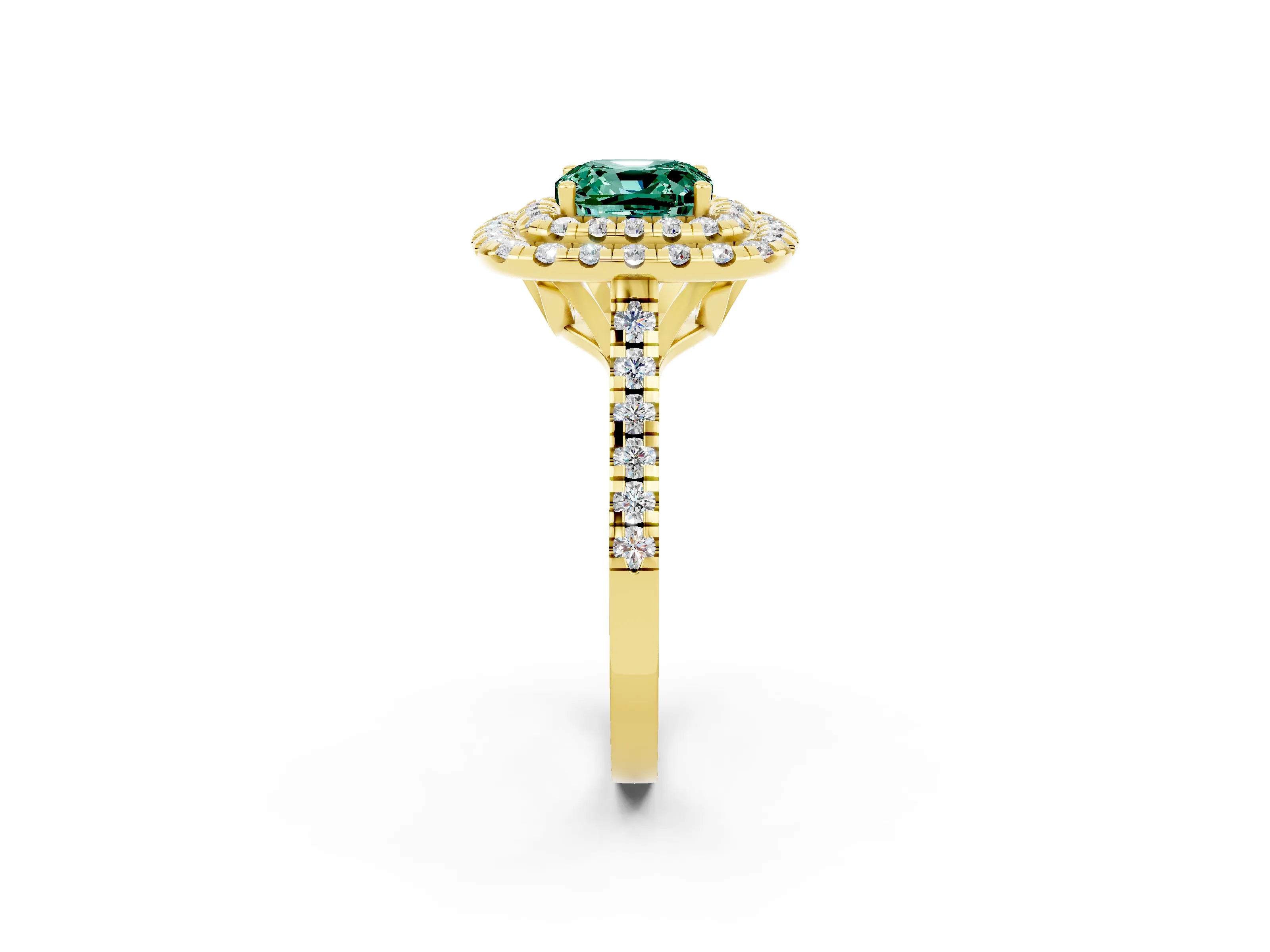 Yellow gold Double Halo Cushion Cut Green Sapphire Pavé Band with Four-Prong Setting_2
