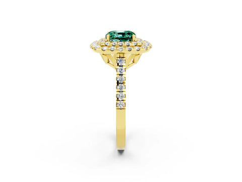 Yellow gold Double Halo Cushion Cut Green Sapphire Pavé Band with Four-Prong Setting_2