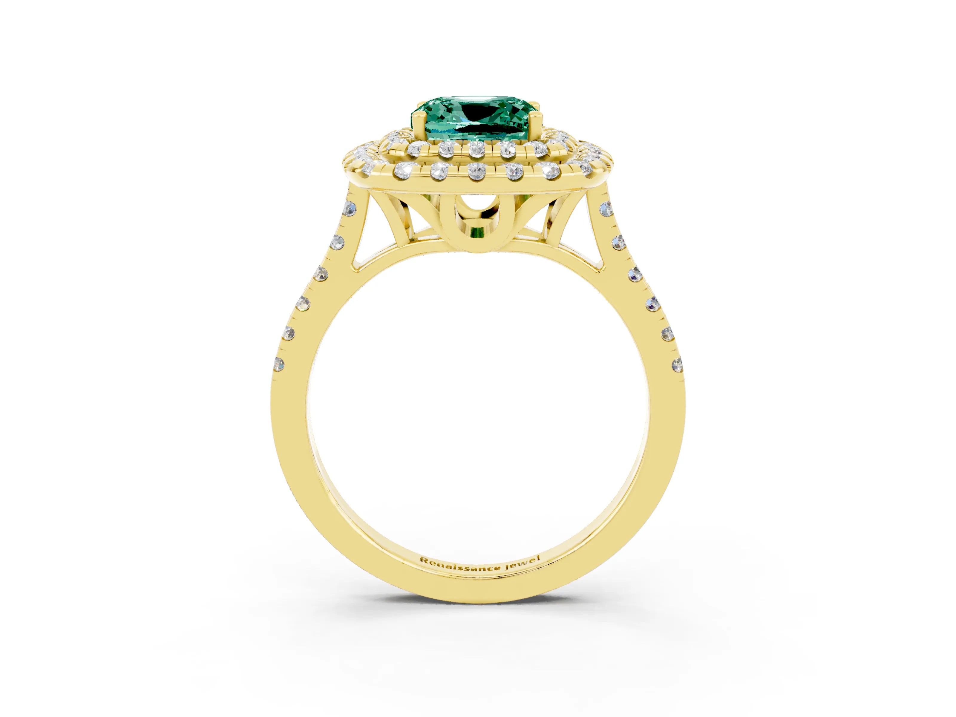 Yellow gold Double Halo Cushion Cut Green Sapphire Pavé Band with Four-Prong Setting_3